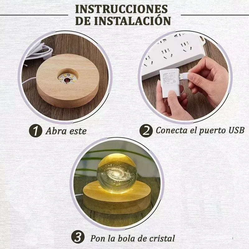 Luz Nocturna de Bola de Cristal con Base de Madera